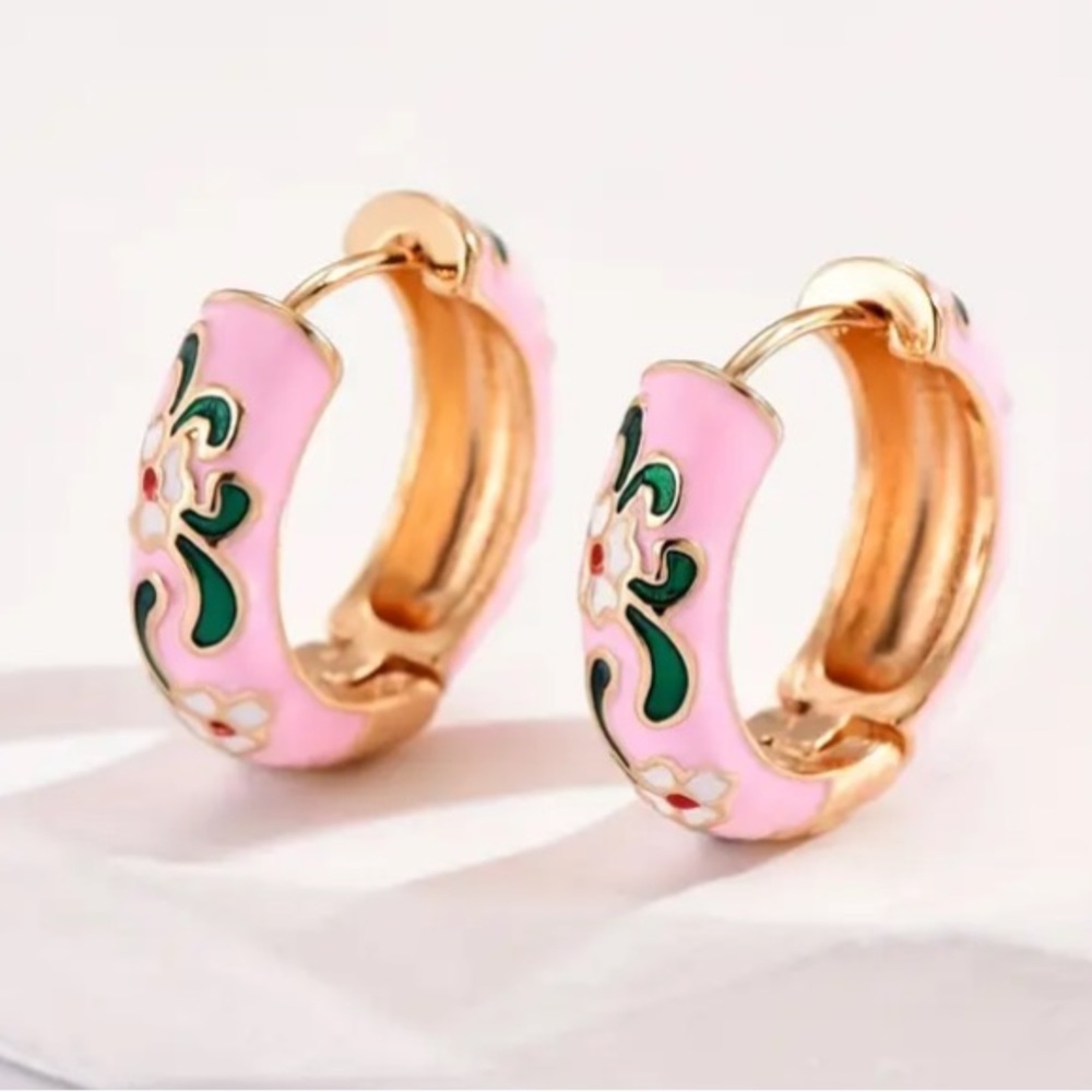 White Flower Pink Enamel Gold Toned Hoop Earrings - Picture 5 of 6